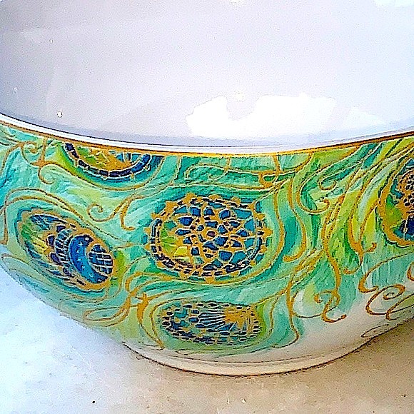 222 FIFTH LAKSHMI CEREAL SOUP BOWL PEACOCK FEATHERS PORCELAIN NEW - Picture 3 of 6